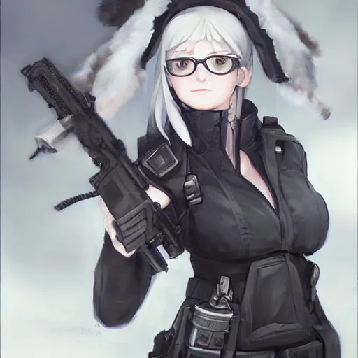 Prompt: silver hair girl, tactical vest, portrait ilustration by Krenz Cushart (and Shinji Aramaki)