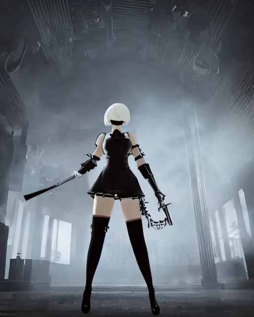 Image similar to 2B from Nier Automata and with slender body type standing in front of a large building holding a pistol, cartoon illustration, 8k