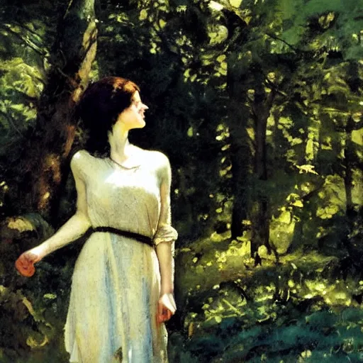 Prompt: young woman lost in a forest, by dean cornwell, sunlit