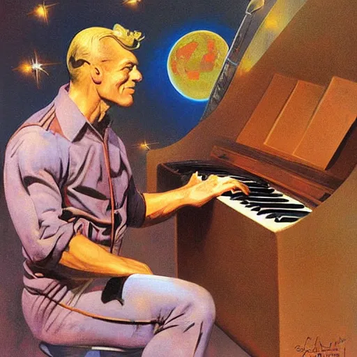 Prompt: astronaut playing keyboard by frank frazetta, digital painting, digital art