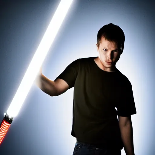 Image similar to a man holding a real life lightsaber in a dark room, 4k, high detail, high-resolution photograph, professional photography, ultra-detail