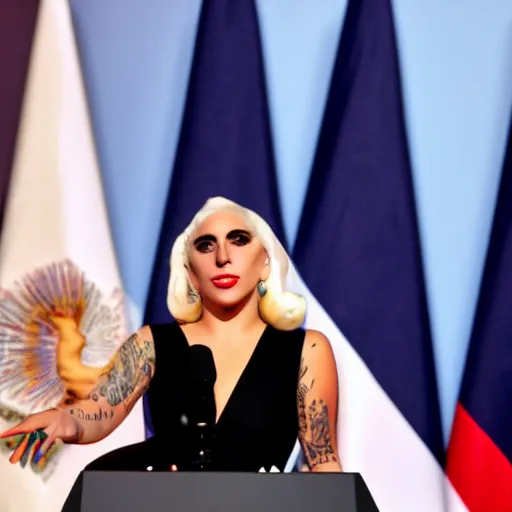 Prompt: Lady Gaga president of Argentina, Argentina flag behind, bokeh, detailed, hd, giving a speech