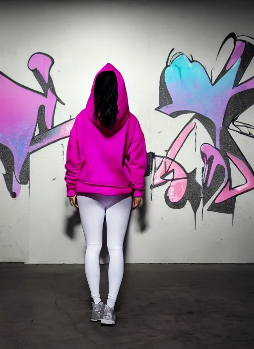 Prompt: kim kardashian doing graffiti mural in a derelict room, dust mist, rear-shot, pov from behind, very tight white leggings with a pink hoody with hood up, mold, intricate, epic lighting, cinematic composition, hyper realistic, 8k resolution, unreal engine 5