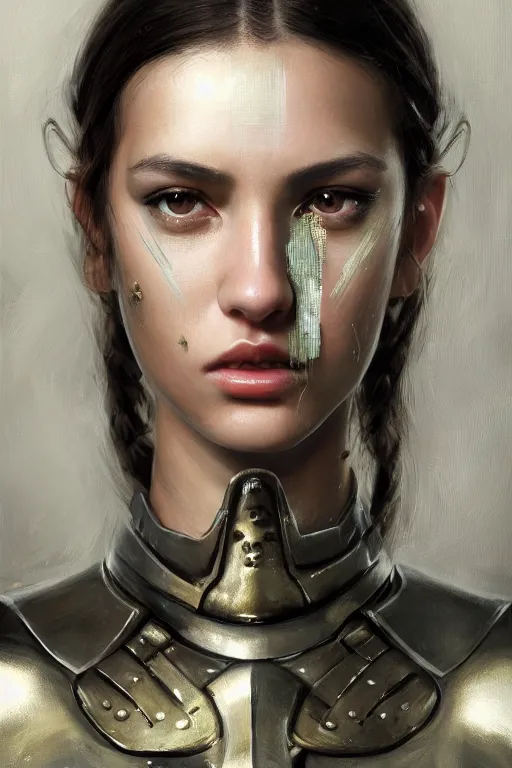 Image similar to a photorealistic painting of an attractive young girl, partially clothed in metal-plated battle armor, olive skin, long dark hair, beautiful bone structure, symmetrical face, perfect eyes, intricate, elegant, digital painting, concept art, illustration, sharp focus, minimal artifacts, from Metal Gear, in the style of Ruan Jia and Mandy Jurgens, by Greg Rutkowski, trending on Artstation, award winning