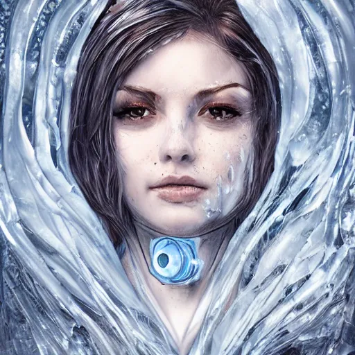 Image similar to woman portrait made out of ice, beautiful, cyborg, comic book art, highly detailed, trending on artstation