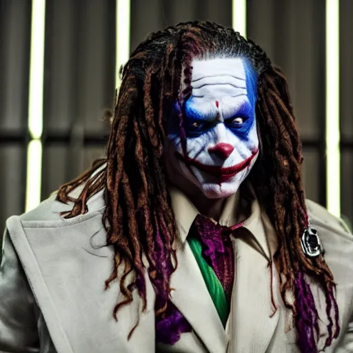 Image similar to a film still of Trippie Redd starring as The Joker, 40mm lens, shallow depth of field, split lighting, cinematic