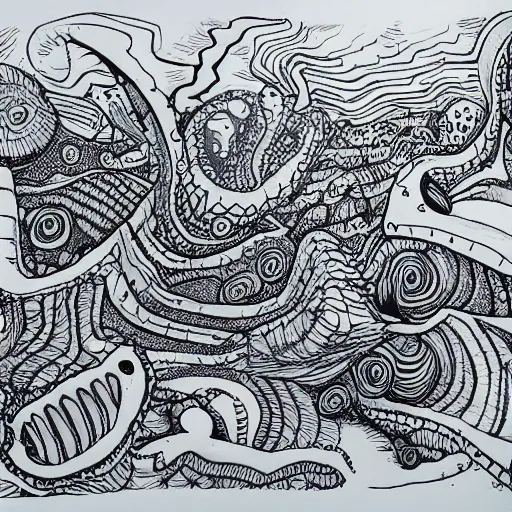 Prompt: doodle pen drawing of a alien landscape with strange life forms, detailed