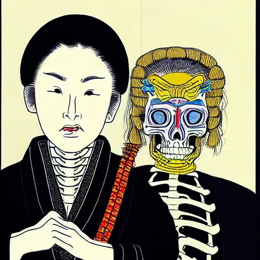 Prompt: portrait of a skeleton samurai and his beautiful Japanese wife by Toshio Saeki, high detailed