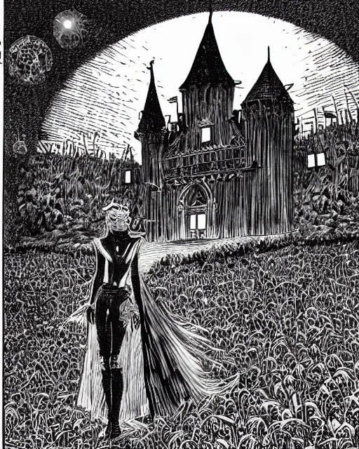 Image similar to an illustration of a haunted anamatronic, full body, standing in a field, castle in the background, pen-and-ink illustration, etching, by Russ Nicholson, DAvid A Trampier, larry elmore, 1981, HQ scan, intricate details