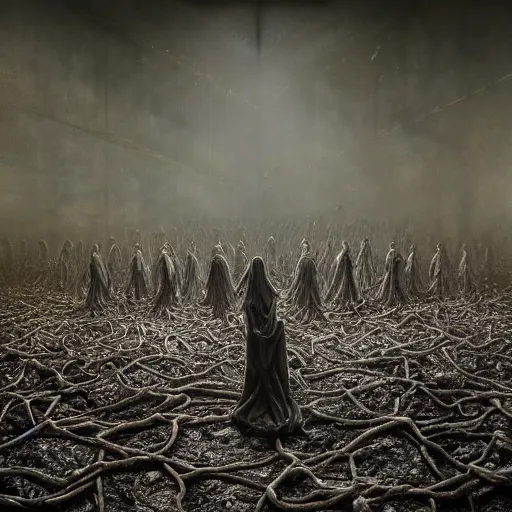 Prompt: group portrait photo of abandoned crowd of ribbed people, baroque painting, standing in a desolate empty wasteland, creepy, nightmare, dream-like heavy atmosphere, dark fog, surreal abandoned buildings, baroque painting, beautiful detailed intricate insanely detailed octane render trending on Artstation, 8K artistic photography, photorealistic, volumetric cinematic light, chiaroscuro, zoomed out, fisheye, Raphael, Caravaggio, Beksinski, Giger