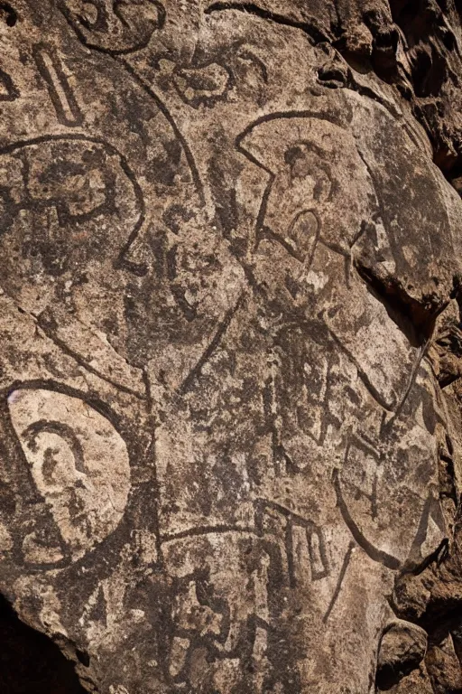 Image similar to 4 k photography of petroglyphs representing crosses, ufo, wifi symbol on a cave