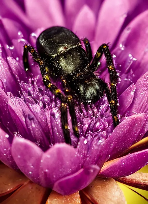 Image similar to beautiful macro photograph of a deep purple spider on a lotus flower, golden hour, golden ratio, nikon d 8 1 0, sigma 8 5 mm ƒ / 2. 5, award - winning, wet hdr refractions, insanely detailed, 8 k, * * * * *