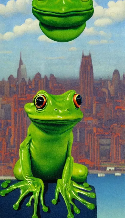 Prompt: cute frog with city in background by René Magritte, detailed, 4k