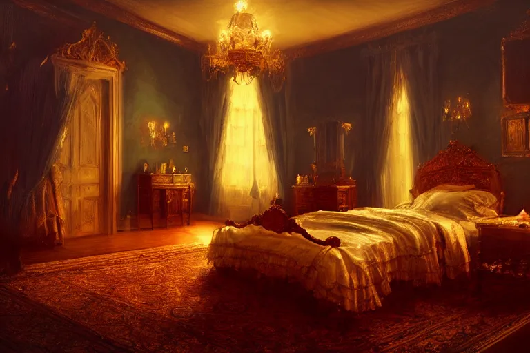 Prompt: an ornate victorian bedroom at night. 1 8 9 0, key visual, conceptart, low candlelight, highly detailed, digital painting, artstation, concept art, sharp focus, by makoto shinkai and akihiko yoshida and greg manchess