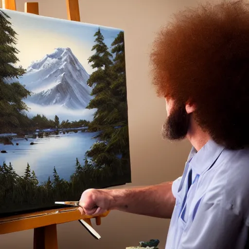 Image similar to a closeup photorealistic photograph of bob ross working on a canvas painting of the cookie monster. film still. brightly lit scene. mountains and trees. this 4 k hd image is trending on artstation, featured on behance, well - rendered, extra crisp, features intricate detail, epic composition and the style of unreal engine.