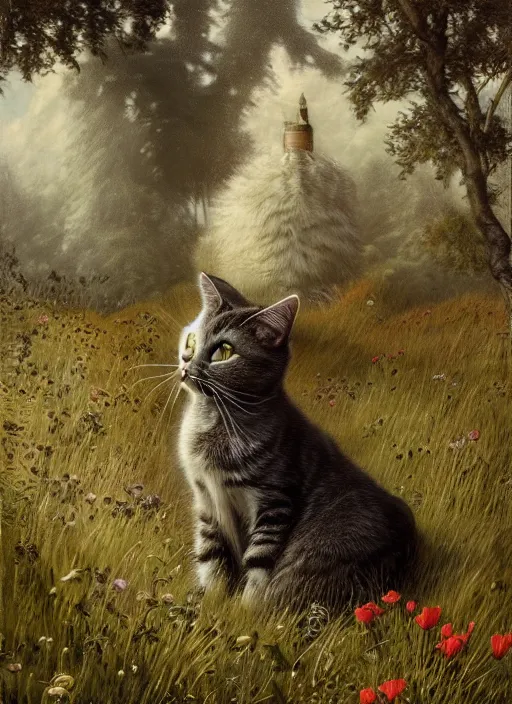 Prompt: the cat in the field from poppy and tulip, hyperrealism, no blur, 4 k resolution, ultra detailed, style of ivan shishkin, tyler edlin, tom bagshaw, arthur rackham