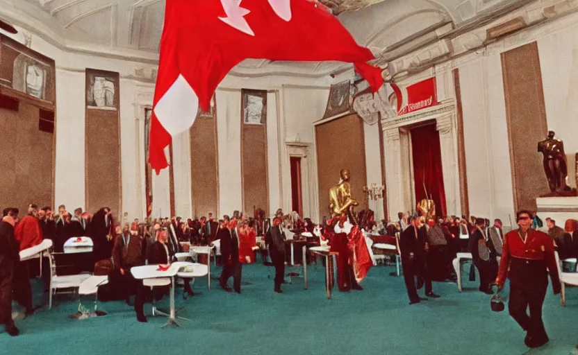 Prompt: 60s movie still of a CCCP congress with soviet flags and a bronze statue of Karl Marx stanilist style palace interior, by Irving Penn , cinestill 800t 35mm eastmancolor, heavy grainy picture, very detailed, high quality, 4k, HD criterion, precise texture