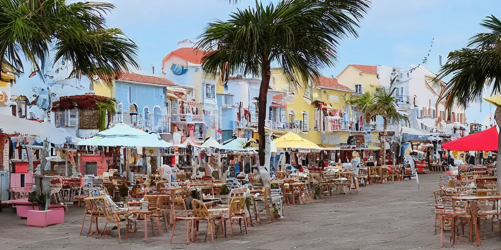 Prompt: a cute seaside plaza!!!! by giorgio de chirco