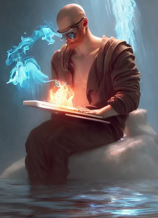 Image similar to close-up of character concept portrait of internet hacker hacking a laptop under water, submerged in aqua water, a floating iridescent fire behind him from God of War, intricate, elegant, digital painting, concept art, smooth, sharp focus, illustration, by WLOP and Ruan Jia and Mandy Jurgens and William-Adolphe Bouguereau, Artgerm