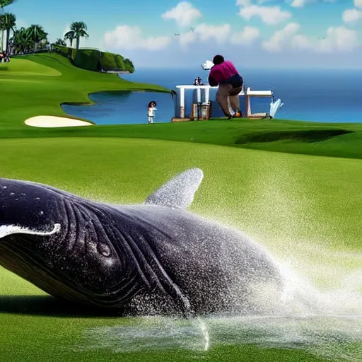 Prompt: highly detailed winning photo of a midget golfer riding a beached whale. the crowd is cheering him as tiger woods looks on in defeat. highly detailed render, photorealistic, photography