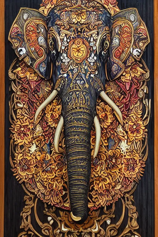 Image similar to Painted dark-wood panel relief carving of a close up of a Flowerpunk Matriarch Elephant, ornate border frame, explosion of colorful flowers, dark wood, intricately carved, black ink, festival of rich colors, intricate details, cinematic lighting, volumetric lighting, post-processing, art nouveau, tarot, fractal art, mandala, by andreas rocha and john howe, and Martin Johnson Heade, featured on artstation, featured on behance, golden ratio, hyper detailed, photorealistic, epic composition, center spotlight, f32, well composed, symmetrical, UE5, 8k