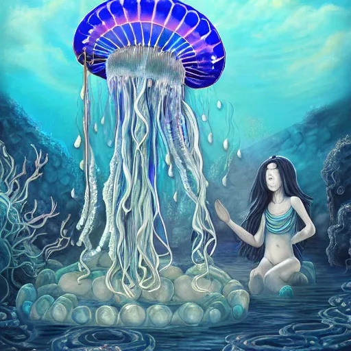 Image similar to A painting of priestesses worshipping at the jellyfish temple, shrouded in mist, jellyfish god, jellyfish priestess, jellyfish shrine maiden, 8K, illustration, art by Kyuyong Eom, smoke, undersea temple with fish, cinematic, insanely detailed and intricate, hypermaximalist, elegant, super detailed, award-winning, magenta and crimson and cyan, rainbow accents, iridescence, bioluminescence, mysterious, ancient, ritual, trending in cgsociety, artstation HQ, ornate, elite, haunting, matte painting, beautiful detailed, insanely intricate details, dreamy and ethereal, otherworldly