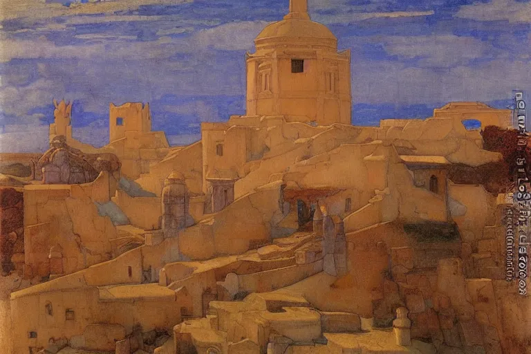 Image similar to ancient city by the sea by Annie Swynnerton and Nicholas Roerich, strong dramatic cinematic lighting , ornate architecture, lost civilizations, smooth, sharp focus, extremely detailed