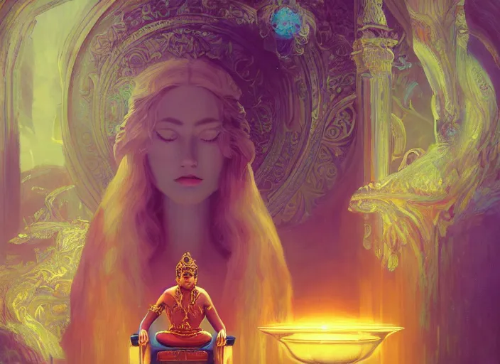 Image similar to wide view picture of a extremely beautiful and aesthetic lord of materialization, sitting on the throne, centred position, bright hair, floating greed cubes on the background, lighting eyes, magic and fantasy, highly detailed face, specular reflection, occlusion shadow, intricate, masterpiece, by ilya kuvshinov and jeremy lipking and quentin mabille