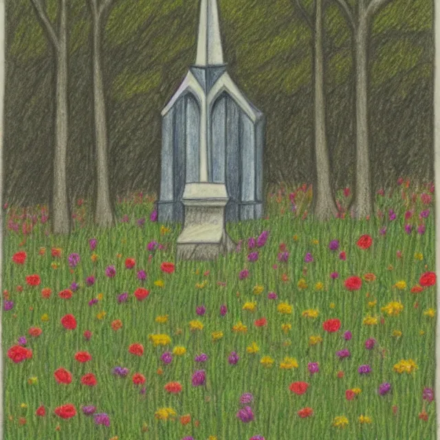 Prompt: graveyard with a church in a forest flower meadow landscape, colored pencil drawing