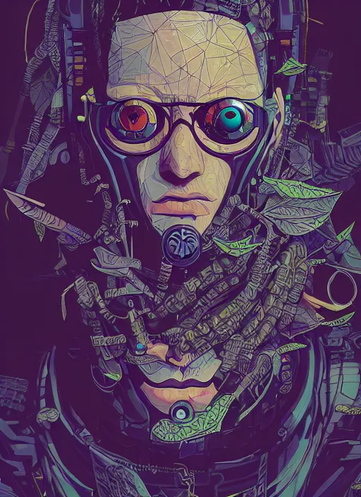 Prompt: portrait, cyberpunk hero, floating detailes, very detailed face, leaves by miyazaki, colorful palete illustration, kenneth blom, mental alchemy, james jean, pablo amaringo, naudline pierre, contemporary art, hyper detailed