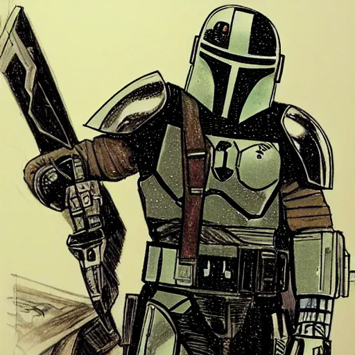 Image similar to mandalorian with atomic bomb explosion behind him, pencil sketch concept art