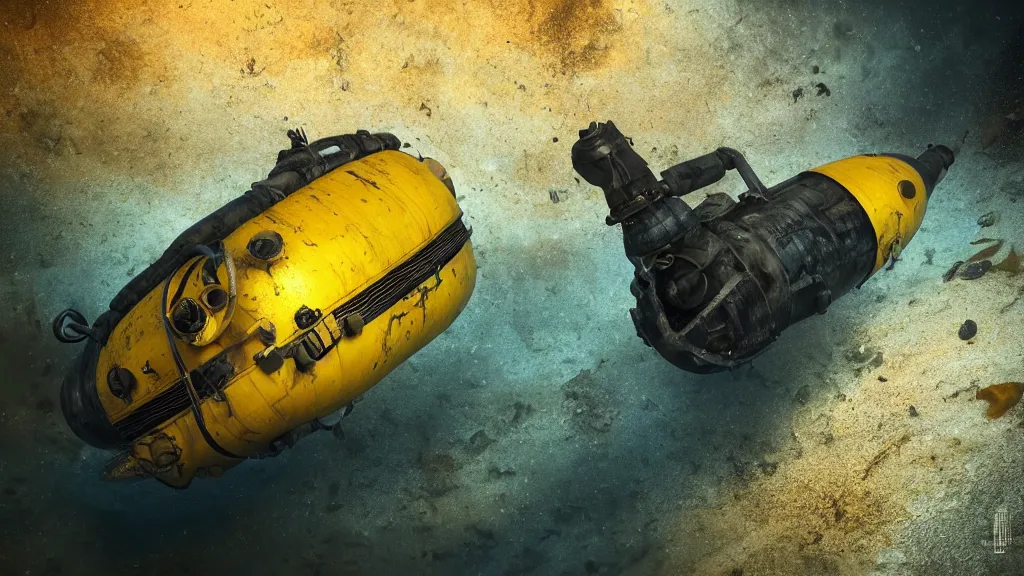 Image similar to a photorealistic dramatic hyperrealistic underwater render of an deep sea submersible, ultra realistic details, glossy yellow, well worn, rust, oil stains by vitaly bulgarov and mike nash, beautiful dramatic dark moody tones and lighting, cinematic atmosphere, global illumination, shadows, dark background, octane render, 8 k