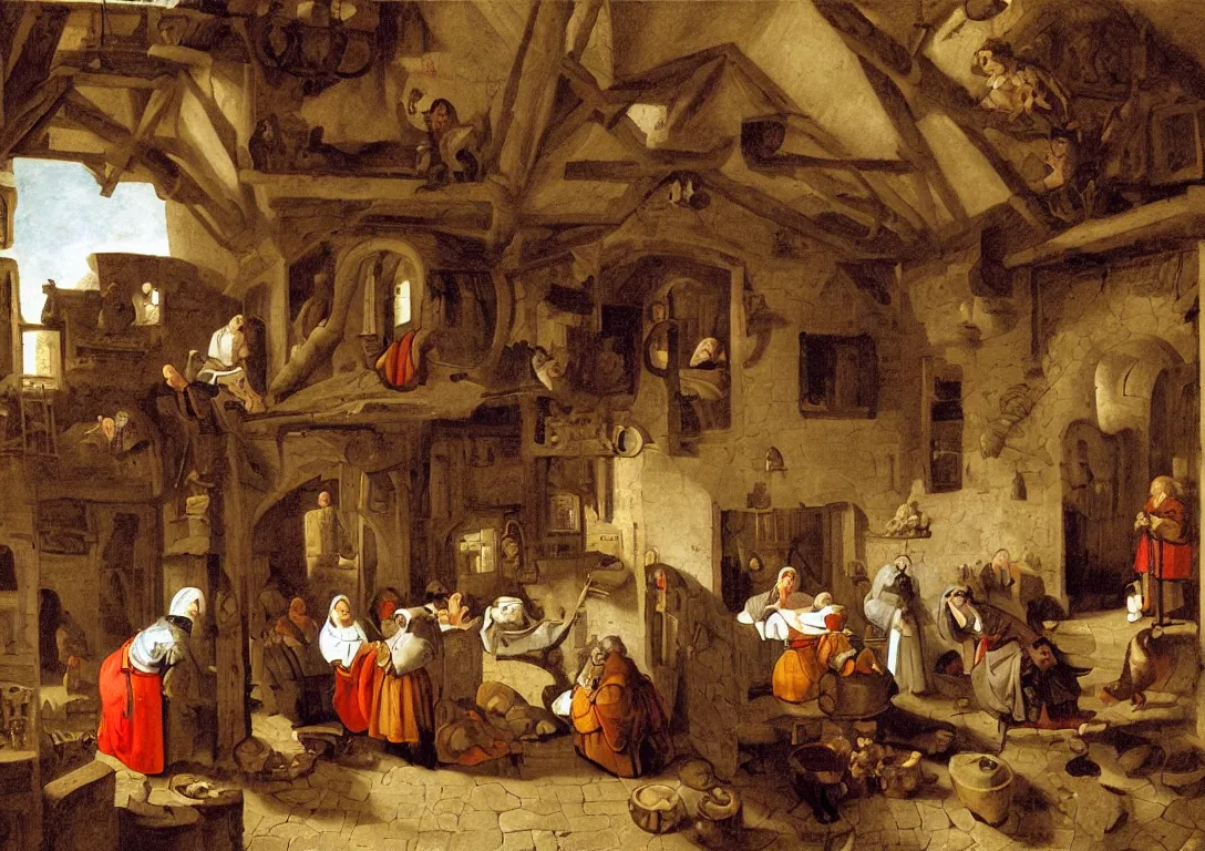 Prompt: People in a medieval guest house, a woman sitting in the center with a gold robe, next to her a few peasants arguing, duck on shoulder, left sleeping priest, window left, right doorway with pig and fire, daylight, tools on walls, in the style of Jan Steen