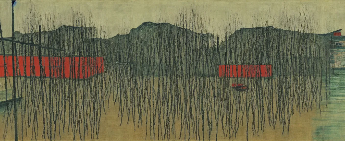 Image similar to a chinese prison near a river by peter doig, muted colors