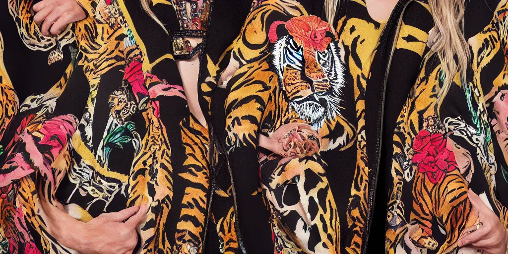 Image similar to birth of venus gucci versace tiger print intricate modern textiles cloak tunic streetwear cyberpunk