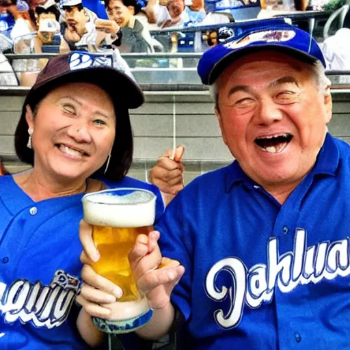 Prompt: a middle aged caucasian couple cheering on the Yokohama Baystars Japanese baseball team while drinking beer.