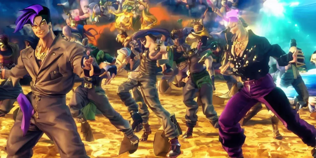 Image similar to jojo's bizarre adventure, video game cutscene, unreal engine 5, render, ray tracing