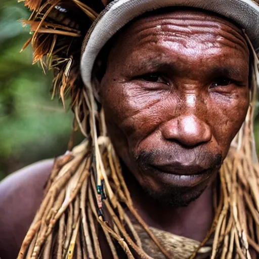 Image similar to a native man from an uncontacted Congolese tribe is brought into modern day New York and experiences severe shock, portrait photography