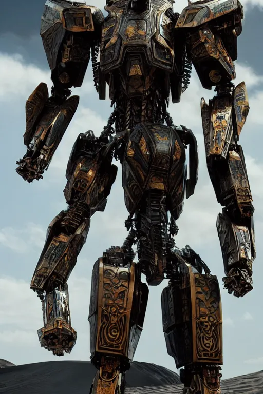 Image similar to cinematic still in dune movie and pacific rim movie and ps 5 game machine warrior 5, intricate ornate humanoid mecha warrior,