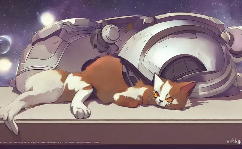 Prompt: an adorable space cat sleeping on a mechanics workbench in a utopian animated film, artwork by artgerm and studio ghibli and benedick bana