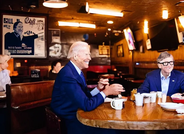 Image similar to Joe Biden and Bill gates, having dinner at a Dive bar restaurant, award winning cinematic photography, 50 mm, blurred background, trending on twitter