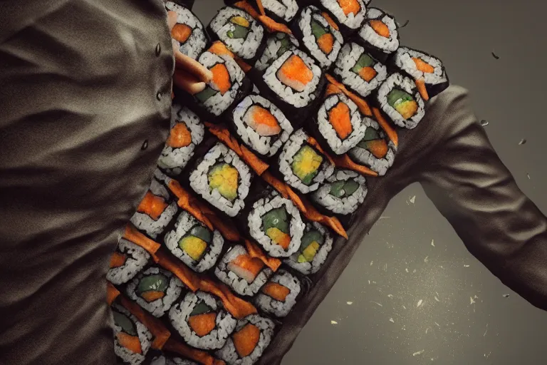 Image similar to man made out of sushi rolls, 4k, ultra details, cinematic, epic style, beautiful photo, hyper realistic, octane render, unreal engine, award winning, on artstation, volumetric lightning, masterpiece, golden hour,