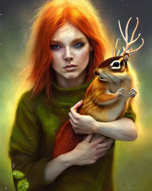 Prompt: female druid holding pet chipmunk, perfect face, thin antlers, green halter top, ginger hair, abs, cinematic, freckles, stunning, athletic, strong, agile, highly detailed, psychedelic, digital painting, artstation, smooth, hard focus, illustration, art by jessica rossier and and brian froud