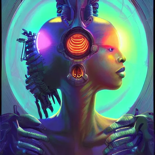 Image similar to african neon necromancer, science fiction, highly detailed, digital painting, beautiful eyes, symmetry, concept art, sharp focus, illustration, global illumination, radiant light, synthwave colors, detailed and intricate environment, art by artgerm and greg rutkowski and magali villeneuve and ilya kuvshinov!