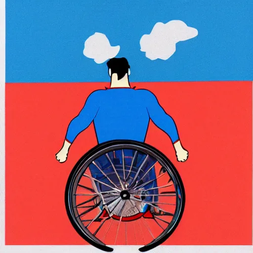 Prompt: superman in a wheelchair, color film, photorealistic,