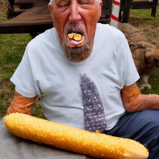 Prompt: old man struggling to eat a long corndog