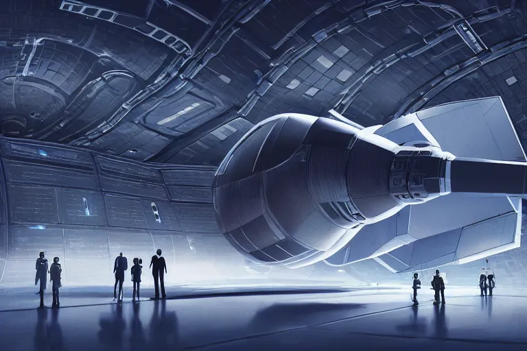 Image similar to a huge futuristic spacecraft in a hangar, cinematic lighting, low angle, tiny people standing near the spacecraft, concept art