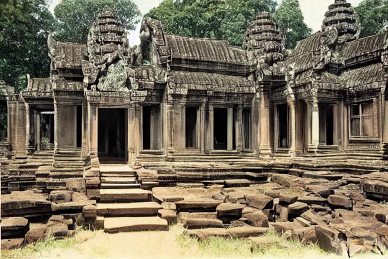 Prompt: Reconstructed Angkor Wat colorized photography from 1920