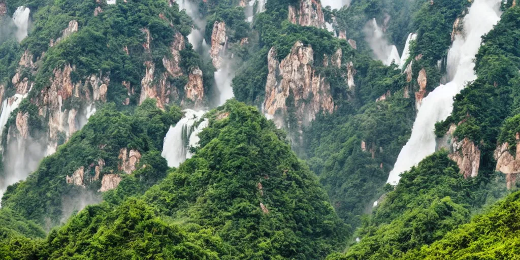 Image similar to Cloudy peaks in southern China with waterfalls, the style of National Geographic magazine