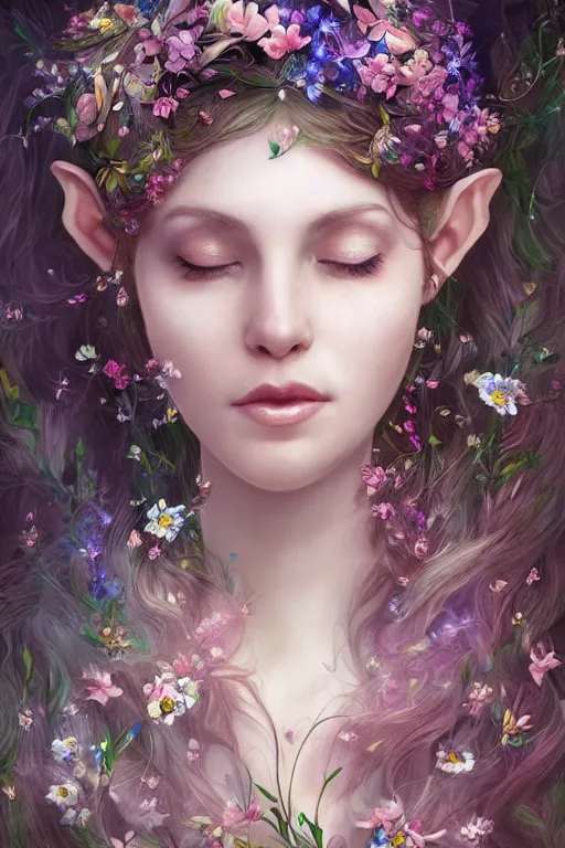 Prompt: a portrait of a beautiful elvish goddess with flowers in her hairs , hd, 4k, 8k, highly detailed, sharp, ethereal, astral environment in style of Anna Dittmann and Mark Arial and Artgerm